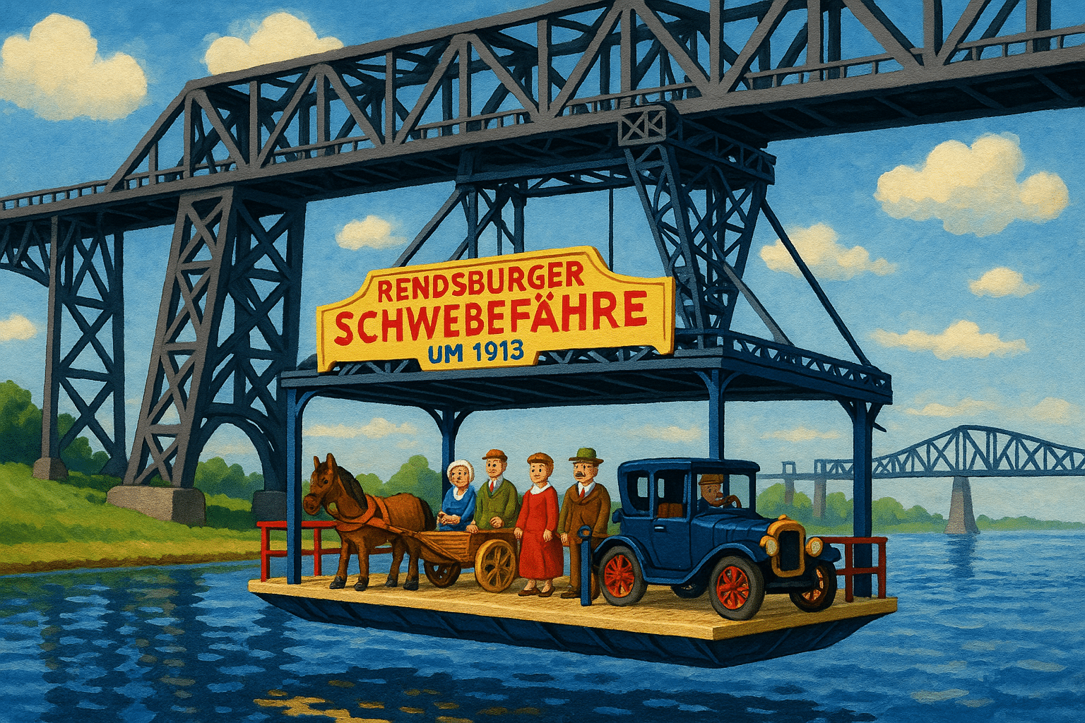 Historische Rendsburger Schwebefähre unter der Eisenbahnhochbrücke über den Nord-Ostsee-Kanal im Jahr 1913